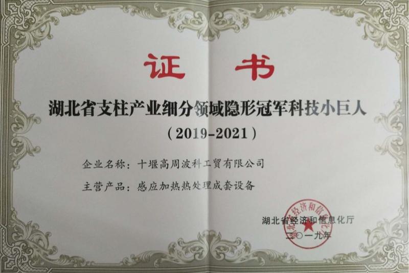 2019年感應加熱熱處理成套設備獲得湖北省支柱產業(yè)細分領域隱形冠軍科技小巨人